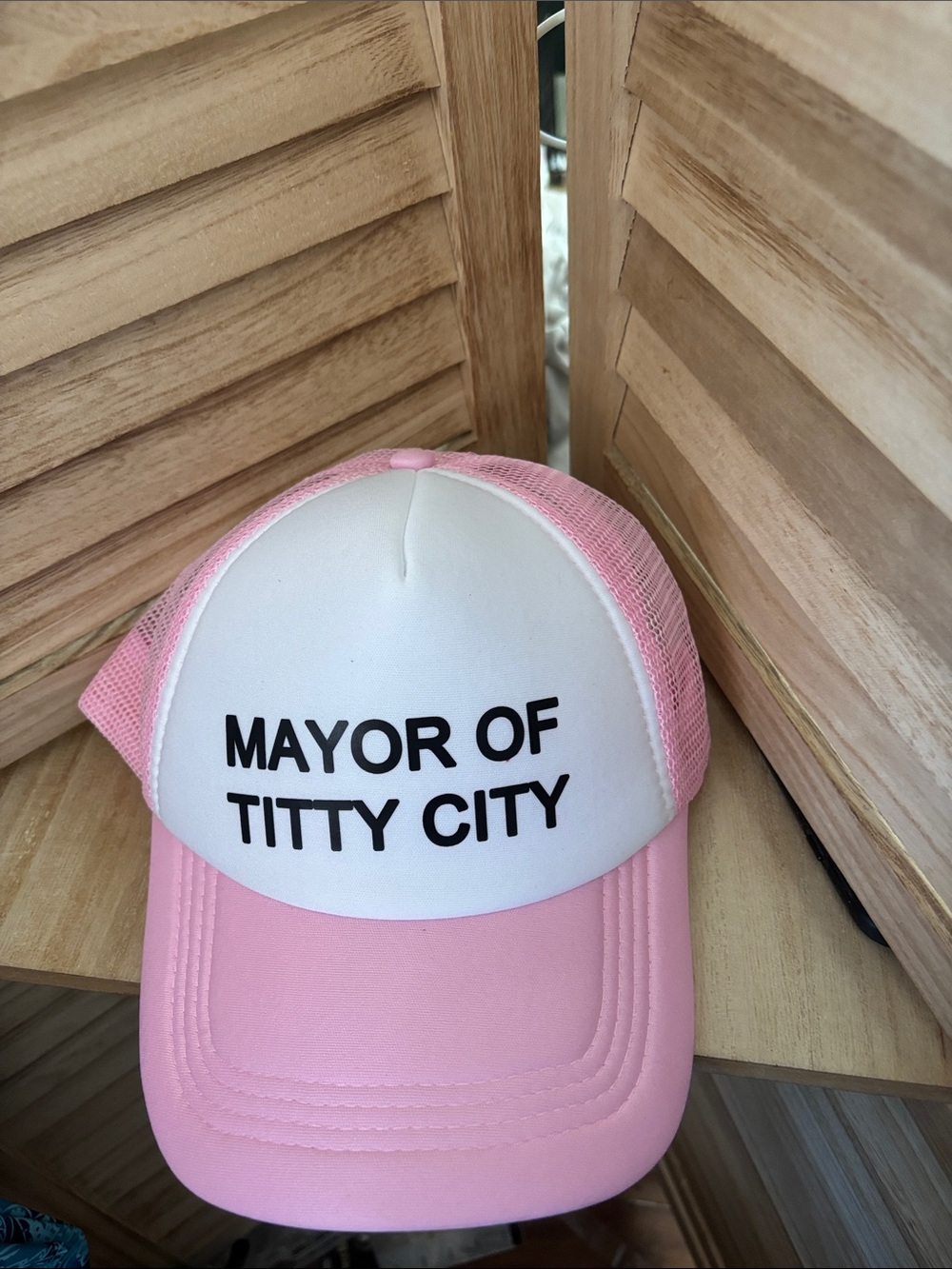Pink and White Trucker Hat with Bold Text Brand New